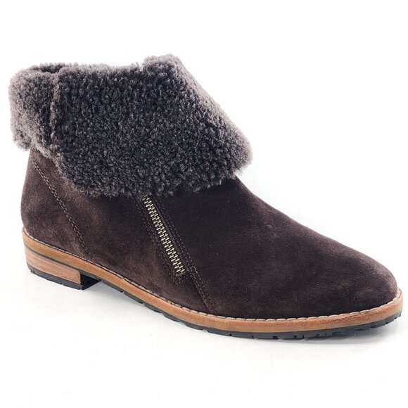 PAUL GREEN Cabo Dark Brown Shearling Cuff Suede Ankle Boots Double Zip - Picture 1 of 10